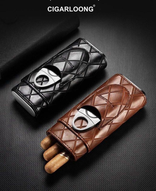 Элегантный кожаный футляр (хамидор) для 3-х сигар Cigarloong с гильотиной - Черный